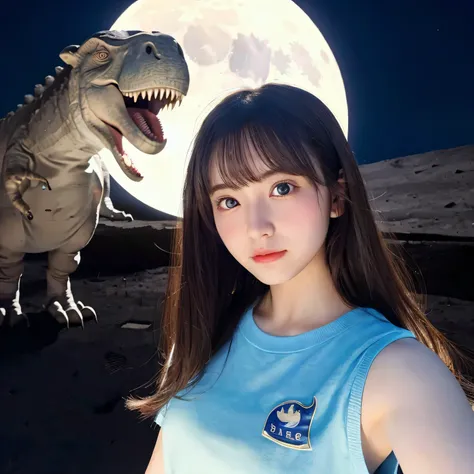 (Girl taking selfie on the moon:1.5) ,(landing on the moon:1.2),( Dinosaurs in the distance:1.5),original photography,(ultimate beauty portrait、dry skin 、top quality、Super detailed、movie light、intricate details、high resolution、Very detailed、1 girl、huge bre...