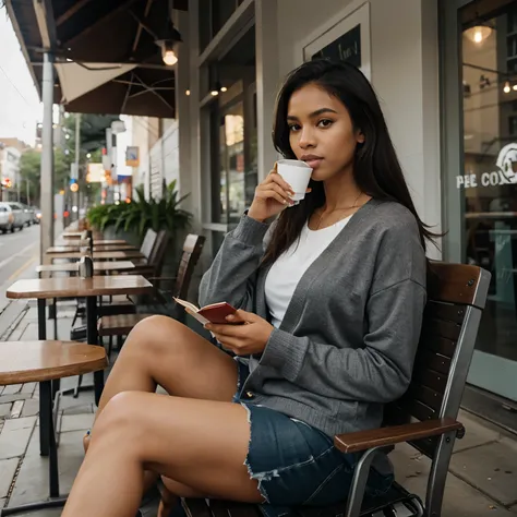 A young tall black woman sipping coffee while reading a book at a cafe