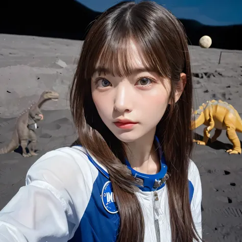 (Girl taking selfie on the moon:1.5) ,(landing on the moon:1.2),( Dinosaurs in the distance:1.5),original photography,(ultimate beauty portrait、dry skin 、top quality、Super detailed、movie light、intricate details、high resolution、Very detailed、1 girl、huge bre...