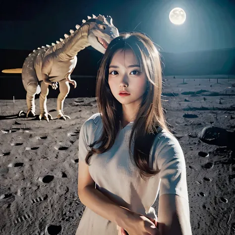 (Girl taking selfie on the moon:1.5) ,(landing on the moon:1.2),( Dinosaurs in the distance:1.5),original photography,(ultimate beauty portrait、dry skin 、top quality、Super detailed、movie light、intricate details、high resolution、Very detailed、1 girl、huge bre...