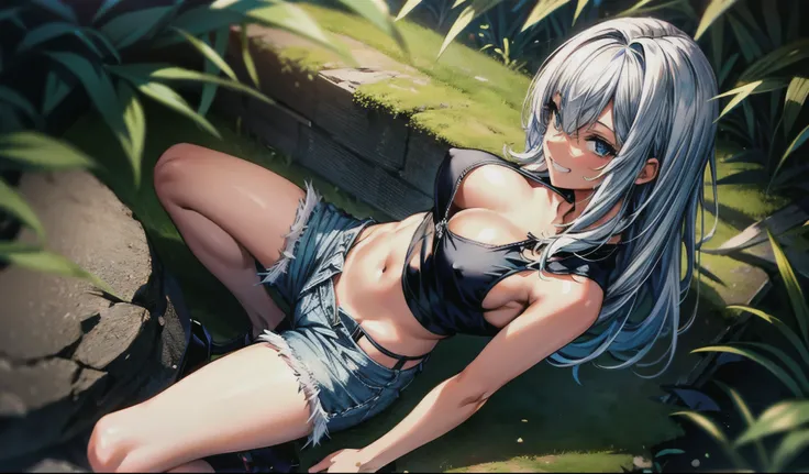 (masterpiece), best quality, expressive eyes, perfect face, Scenery Dark Woods, Zombie woman, unzipped shorts, high heels, ripped Tank top, no bra, dark skin, open wounds, blood on body, evil grin, tanned, shemale, view from above, hard nipples 