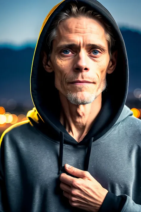 outdoor, hills, night, a RAW photo a skinny man in black hoodie, closeup, 35 yo, (Willem Dafoe:0.7), muted colors
hyper detailed skin, (moles:1.12), photojournalism
low light