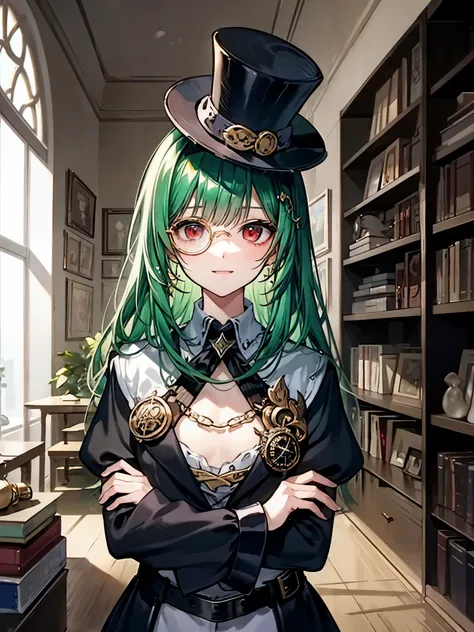 (((masterpiece、Highest image quality、highest quality、highly detailed unity 8kwallpaper)))、((Illustration of one girl、upper body))、(((beautiful girl)))、(librarian)、(Emerald green hair、messy hair、sidelocks:1.2、red eyes、crazy smile)、(((flat chest)))、(((monocl...