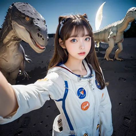 (Girl taking selfie on the moon:1.5) ,(landing on the moon:1.5),( Dinosaurs in the distance:1.5),original photography,(ultimate beauty portrait、dry skin 、top quality、Super detailed、movie light、intricate details、high resolution、Very detailed、1 girl、space su...