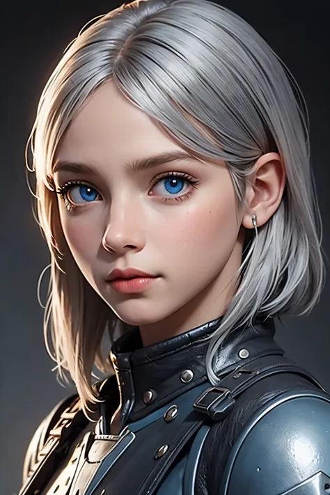 halfling soldier woman with silver hair and blue eyes in studded leather