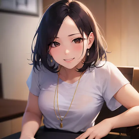 (evil smile:1.3), forehead , Realistic, real person, RAW photo, photorealistic, portrait photography, shiny skin, japanese idol, 25 year old woman、(bob cut hair) and (blonde hair) and (brown eyes), (wearing a white shirt:1.5)、The background is a conference...