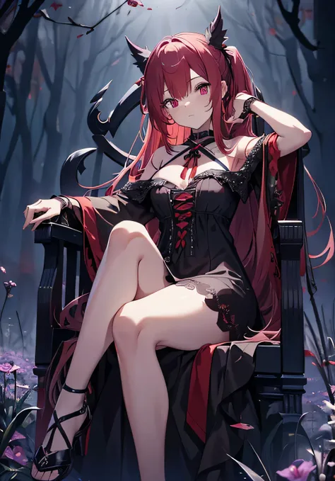 (official art、best quality、unified 8k wallpaper、32k、​Masterpiece、super detailed、ultra high resolution)、best shade、excellent、Eyes and nose details、Black off-shoulder lace dress、sharp pupils、((grim Reaper))、A red-haired girl、With black and purple ribbon、dark...