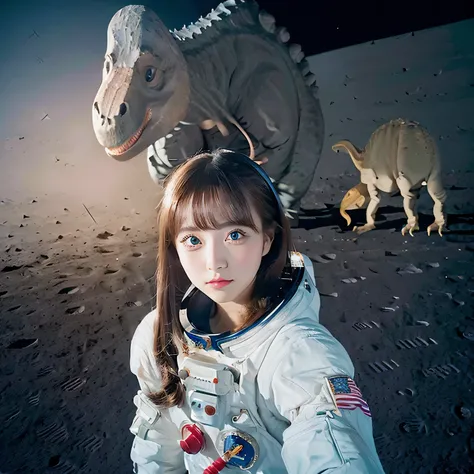 (Girl taking selfie on the moon:1.5) ,(landing on the moon:1.5),( Dinosaurs in the distance:1.5),original photography,(ultimate beauty portrait、dry skin 、top quality、Super detailed、movie light、intricate details、high resolution、Very detailed、1 girl、space su...