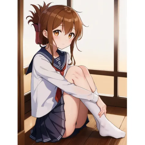 (masterpiece, highest quality:1.2),figure,8K,HD,1 girl,alone,Brown_hair,folded_ponytail,Brown_eye,serafuku,length_hair,School_uniform,skirt,pleats_skirt,セーラー服を着た体調の悪い女子高生がSchoolの体育館の床に座り、Observing a class while hugging one&#39;s knees.