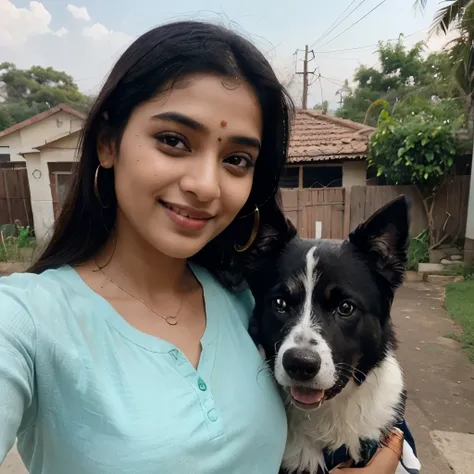 An indian girl looking just like the actress Mrinal takur, smiling, wearing a green top and blue jeans, black hair, taking a selfi in a 13mp redmi smartphone, from outside of her house, infront of her scooter, posing with her dog. The image should be detai...