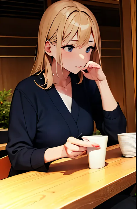 while putting my hand on my mouth、embarrassing、blonde woman looking to the side、sitting、izakaya