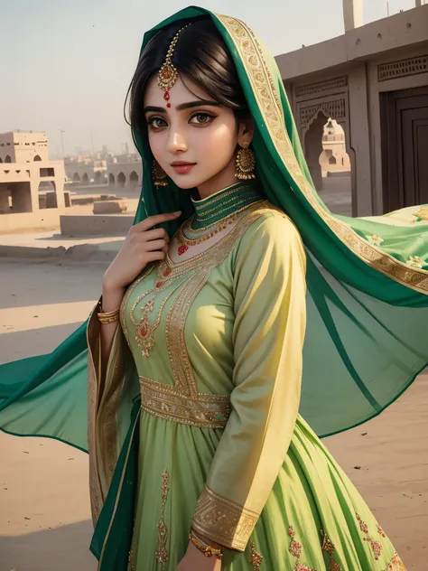 Extremely beautiful Pakistani girl in traditional attire, Pakistani dress shalwaar qameez and dupatta, perfect face, upper body, symmetry, Urdu Ptinted on dress, Karachi background, 8k, insane details, happy mood, unique masterpiece 