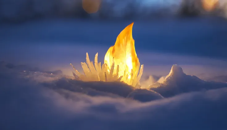 photo of frozen flame, droplet, crystal of snow,powder snow, hot, leaf, surrounded by a fantastic glow