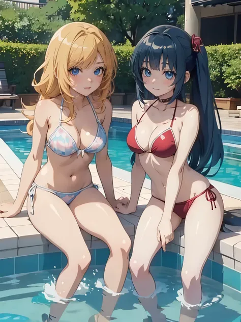 (anime screencap:1.4), best quality, ultra-detailed, 3 girls, pool side, bikini, smile, 