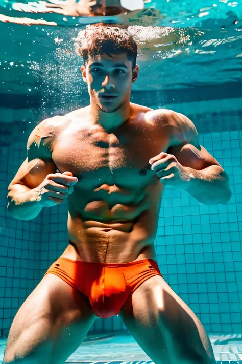 A fit handsome naked and muscular man, swimming powerfully underwater in a stunning pool, full body shot,