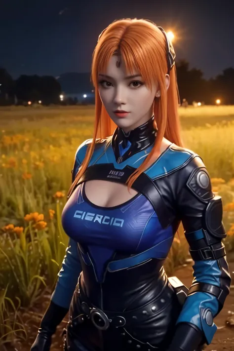 A girl with orange hair, with blue cyberpunk outfit, in a colorful meadow, at night