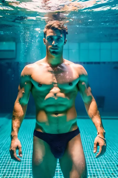 A fit handsome naked and muscular man, swimming powerfully underwater in a stunning pool,