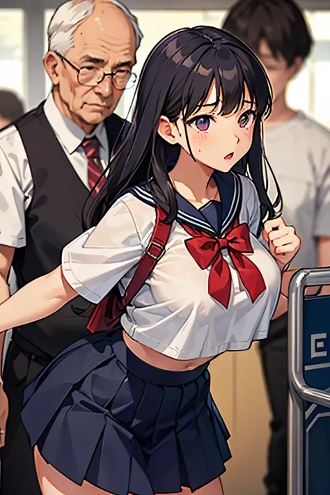 middle-aged man and high school girl、Highest image quality、Sailor Mars、beautiful feet、slender、miniskirt、((crowded train))、((big breasts))、((The nipple protrusions push up the uniform))、cropped tops、short sleeve、barefoot、((Wearing mules))、((An old man is to...