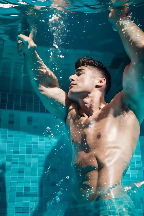 A fit handsome naked and muscular man, swimming powerfully underwater in a stunning pool,