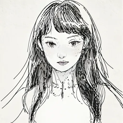 (best quality), line art, an asian girl with long black wavy hair, plain face, with the shape of the eye of almond eyes and thin...