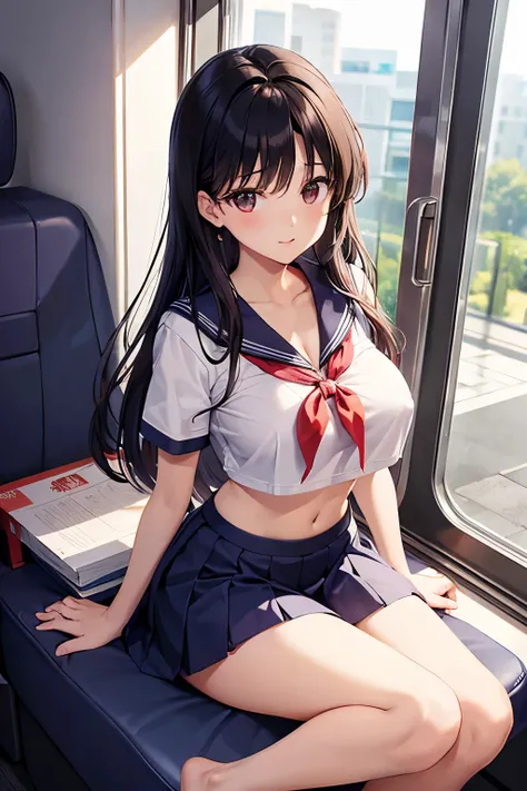 Highest image quality、Sailor Mars、beautiful feet、((slender))、miniskirt、train、sitting in a box seat、Composition seen from the side、Composition looking down from above、((big breasts))、((The nipple protrusions push up the uniform))、cropped tops、You can see he...