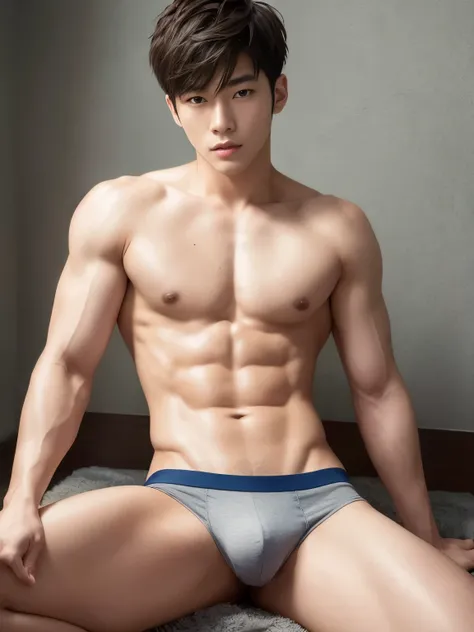 Korean male model in a briefs, handsome man, Full Body Shoot, short hair, look at camera, detailed facial parts, Manly, Charmer, Active Boy, sitting on floor, open legs, Freestyle Pose, Happy Expression, perfect anatomy, symmetric body, asian boy 19 years ...