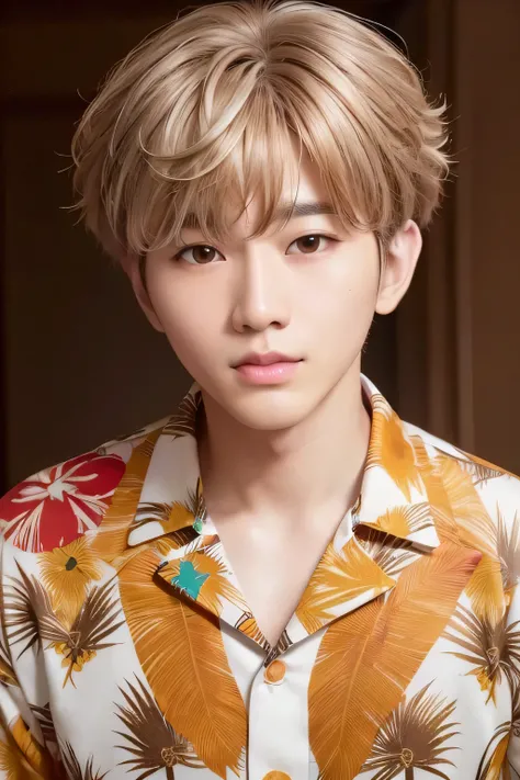 1 person、high quality，masterpiece，8K, (head shot),、、、、、、(A dog wearing a brightly colored aloha shirt)、、、、、(brown messy hairstyle)