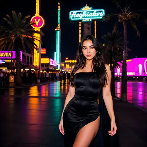 photorealistic, best quality, hyper detailed, beautiful woman, selfie photo, upper body, solo, wearing black long dress, standing next to the hotel in Las Vegas, night, nightlife, neon lighting, big city(cheerful, happy),  analog style, looking at viewer, ...