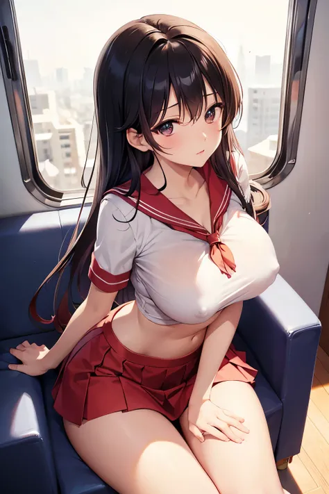 Highest image quality、Sailor Mars、beautiful feet、((slender))、miniskirt、train、sitting in a box seat、Composition seen from the side、Composition looking down from above、((big breasts))、((The nipple protrusions push up the uniform))、cropped tops、You can see he...