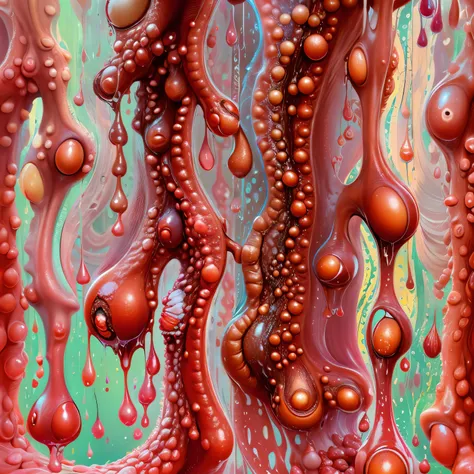 Crie uma imagem fenomenal, realista, de uma ((vulva, formed by the labia majora, labia minora, clitoris, vaginal introitus and Bartholin glands)), paletas de cores oil painting,vermelho vivido, ((highlighting the clitoris dripping lubricating droplets)) co...