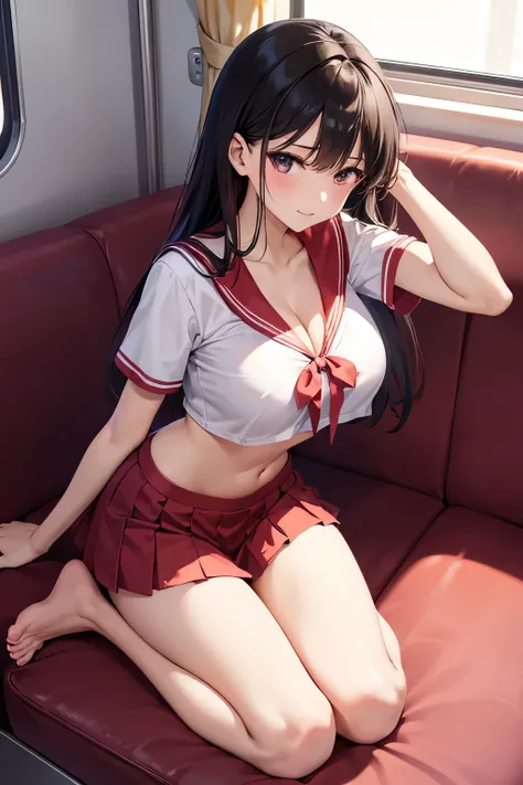 Highest image quality、Sailor Mars、beautiful feet、((slender))、miniskirt、train、trainの4人掛けシートに座っている、Composition seen from the side、Composition looking down from above、((big breasts))、((The nipple protrusions push up the uniform))、cropped tops、You can see her ...