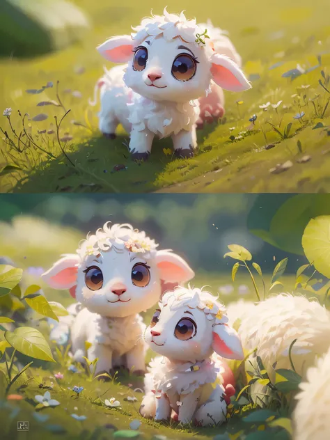 A few(((4 pcs)))Cute lamb grazing on the lawn，Pixar style, best quality, stills, very cute, big eyes, sunny，Very happy， (masterpiece: 1.2) (actual: 1.2) (Bokeh) (best quality) (delicate skin: 1.3) (intricate details) (8k) (exquisite eyes) (sharp focus), (h...