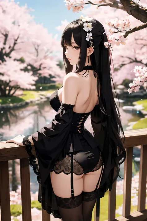 masterpiece, top quality, 4K,
view from back, beautiful girl, long black hair,
holds katanas with both hands,
classic Japanese garden, cherry blossoms in bloom, pink houses,
full body view, looking over shoulder,
cinematic light filtering through trees,
gy...