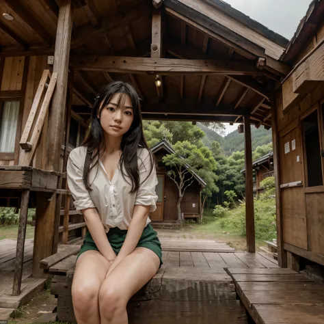 Create a cute Japanese anime girl sitting on a tree trunk in front of a wooden hut, num dia chuvoso, with forests behind the cabin and imposing mountains, The sky has dark clouds due to the rain, Fantastic, Impeccable, nunca visto antes e todos os detalhes...