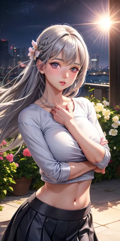 realistic, 1 girl, gray hair, purple eyes, shining eyes, crop top, skirt, parted lips, blush, night, flowers, sun, sunlight, roll up her sleeves