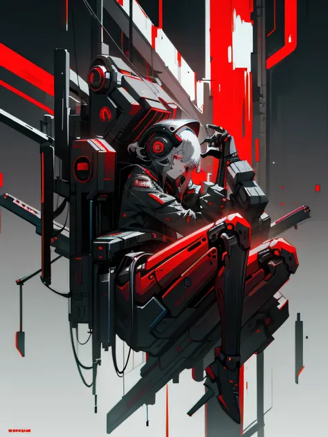 (((dark cyberpunk art))), full length portrait, Tall mechanical faceless girl, Hanging in the air, gray hair, red luminous visor, red black gray clothes, red shoulder pads, Dark lighting, (cold light), very detailed art, very detailed background