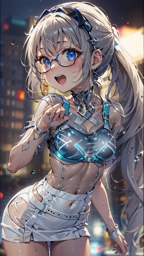 woman,14 years old,,city,night,(((white and blue tight miniskirt bodysuit))),,open mouth smile((See-through))glasses,((beautiful long ponytail)),((Baby girl body shape))((blonde))