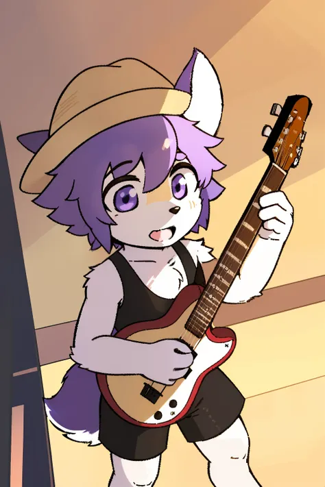 the only person，hairy male，hairy body，exhibit，Coyotes，canine，black fur，short white hair，The ends of the hair are purple，purple eyes，being bullied，charming，Handsome，big tail，Full body female love，Play the guitar，Summer vest，Summer shorts，straw hat，fresh，Sun...