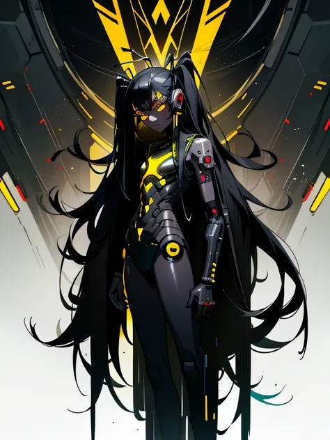 ((dark cyberpunk art)), full length portrait, Little insect girl, elegant insect girl, yellow eyes, Insect antennae, very long hair, Black hair, Black skin, dark Black skin, Black skin, very detailed art