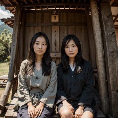 A beautiful Japanese couple sitting in front of a tree trunk in front of a wooden cabin, ao fundo uma grande florestas e com montanhas imponentes num dia chuvoso, and with dark clouds in the sky, Fantastic, Impeccable, nunca visto antes, todos os detalhes ...