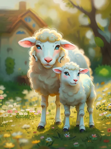 Mother sheep and cute lamb，On the lawn，very cute, big eyes, sunny，Very happy， (masterpiece: 1.2) (actual: 1.2) (Bokeh) (best quality) (intricate details) (8k) (exquisite eyes) (sharp focus), (happy)