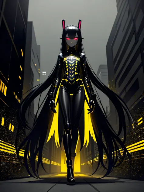 ((dark cyberpunk art)), full length portrait, Little insect girl, elegant insect girl, yellow eyes, Insect antennae, very long hair, Black hair, Black skin, dark Black skin, black alien skin, very detailed art