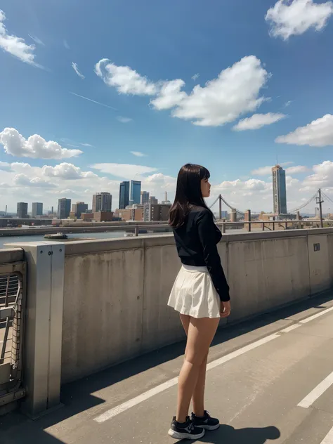 A woman stands and admires the view of the future city on an Anime-themed bridge.