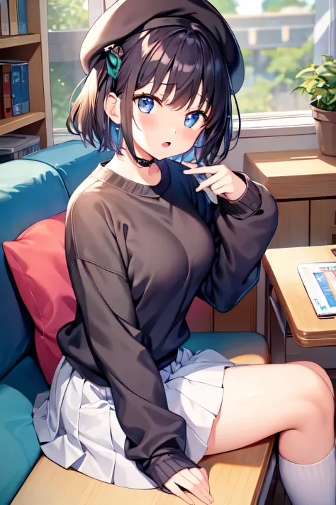 masterpiece、Highest image quality、ultra high resolution、NSFW、big breasted elementary school girl、short hair、red face、shyly、mock、Please open your mouth just a little、Sweater that shows the chest for elementary school girls、Casual mini skirt for elementary s...