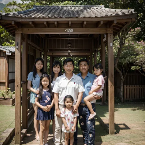 A whole Japanese family together with small children, teenagers and parents and grandparents, sentados numa mesa madeira de frente a uma cabana num dia muito chuvoso, numa floresta ao fundo com montanhas, Impeccable, Fantastic, nunca visto antes e todos os...