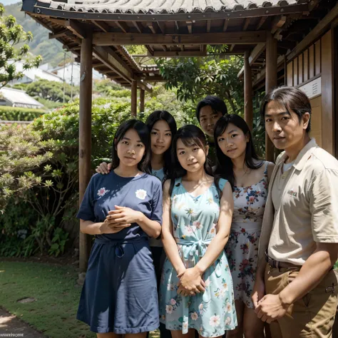 A whole Japanese family together with small children, teenagers and parents and grandparents, sentados numa mesa madeira de frente a uma cabana num dia muito chuvoso, numa floresta ao fundo com montanhas, Impeccable, Fantastic, nunca visto antes e todos os...