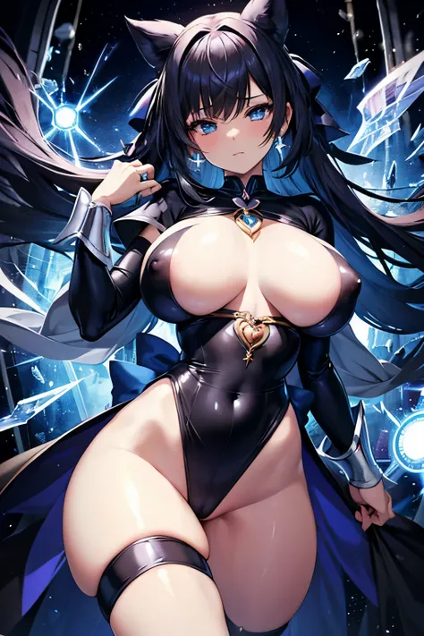 Magical girl, black, blue, smug expression, voluptuous frame, bare nipples, bare , exposed , detailed nipples 