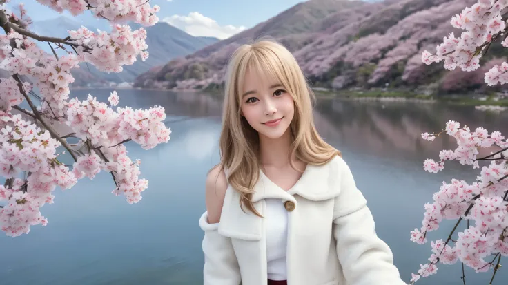 Instagram pictures, 1French Girl, Shoulder length hair, with light blonde hair, Close-up photo, coat, The background is the lake Kawaguchiko with cherry blossom, Japan, smile a little,