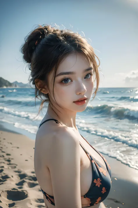 ((highest quality、8K、masterpiece: 1.3))、Very exquisite beauty、very detailed、1 girl、Sandy beach with sea view、、Delicate face and lips、Wind、Beautiful swimsuit model portrait、