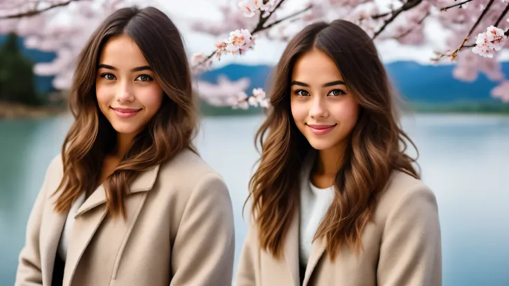 Instagram pictures, 1French Girl, Shoulder length hair, with light blonde hair, Close-up photo, coat, The background is the lake Kawaguchiko with cherry blossom, Japan, smile a little,